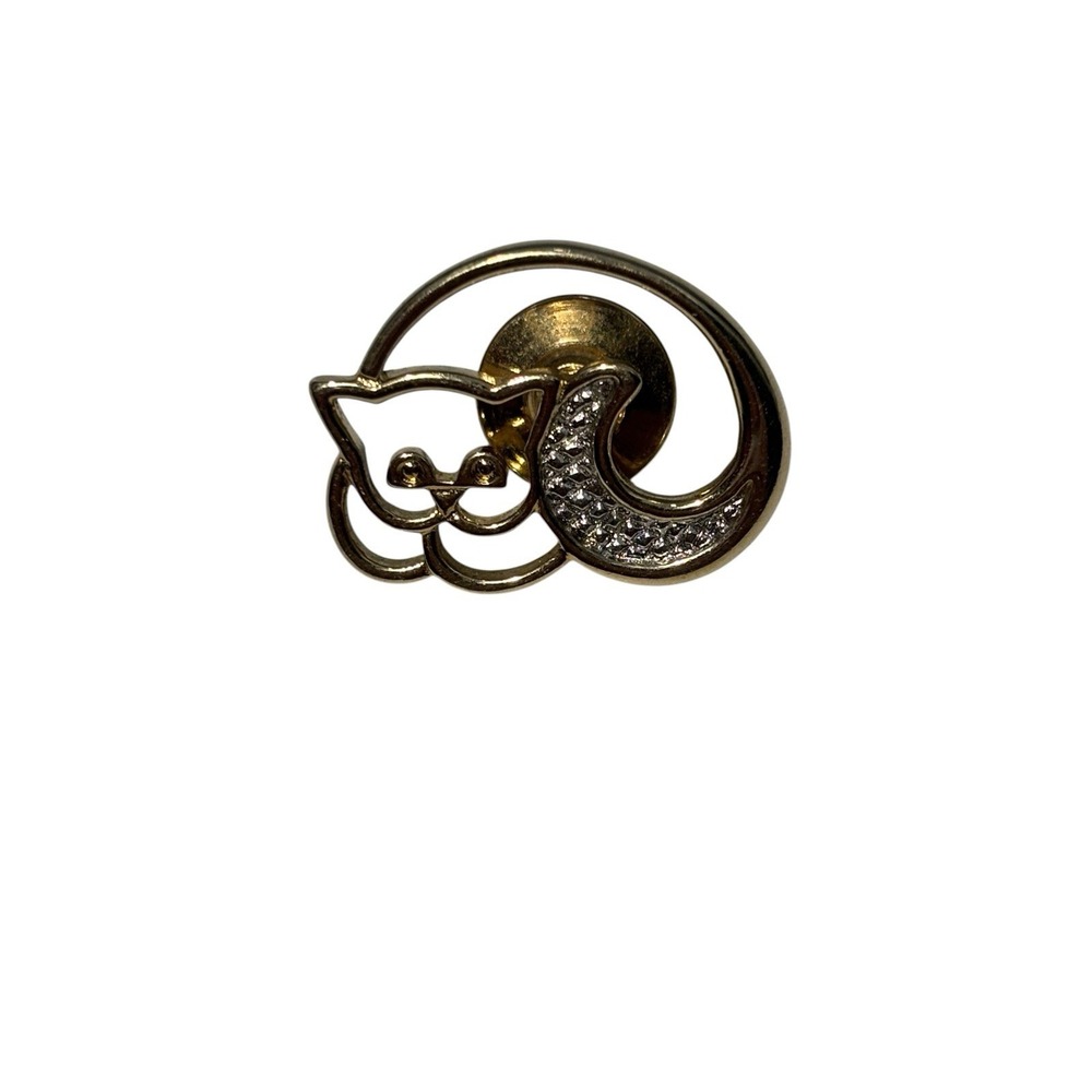 Vintage Avon Gold Tone Curled Kitty Cat Kitten Silver Tail Brooch Lapel Pin